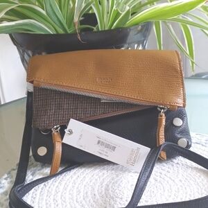 Hammitt Small Edison Houndstooth Clutch Crossbody Tan Black Leather NWT Handbag
